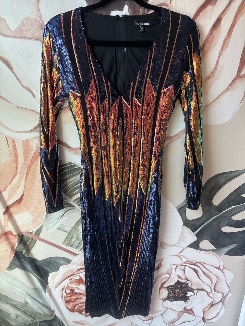 Fashion Nova Navy Sequin Long Sleeve V-Neck Midi Dress - Copper & Gold Accents